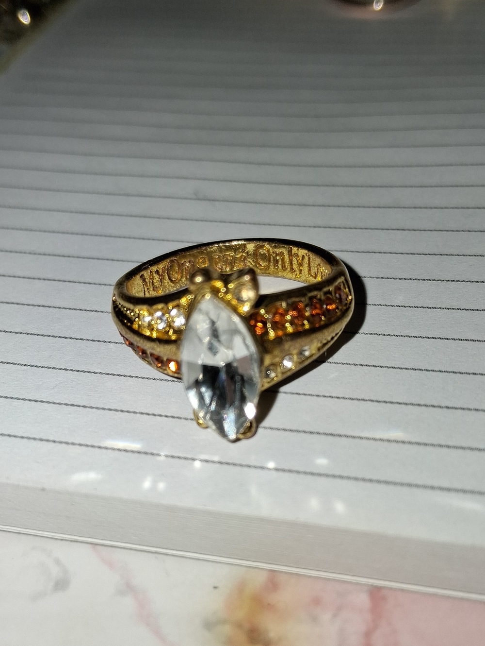 Source Unknown Gold-Tone Ring with Clear Marquise Center and Orange Accents